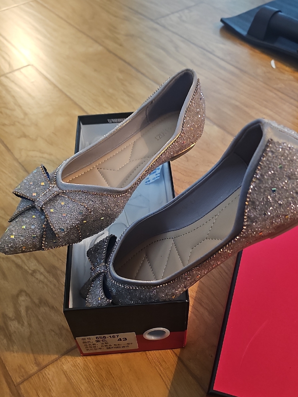 Glitter Bow Pointed-Toe Flats - Champagne